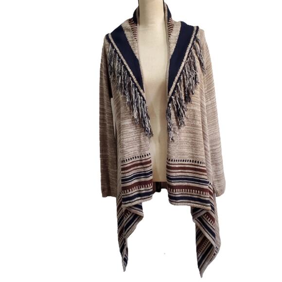 RXB Beige Navy Maroon Fringe Sharktooth Cardigan - Picture 1 of 11